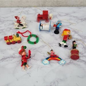Vintage Colorful Wooden and Metal Christmas Ornaments Set